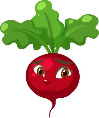 Radish cartoon character with confused face expression on white background