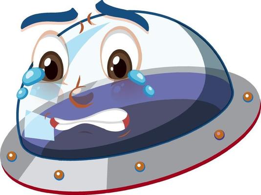 Ufo with crying face expression on white background