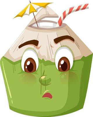 Cute coconut cartoon character with confused face expression on white background