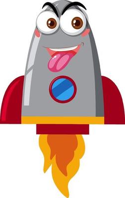 Rocketship cartoon with cheeky face on white background