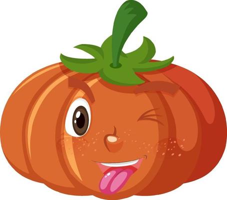Cute pumpkin cartoon character with naughty face expression on white background