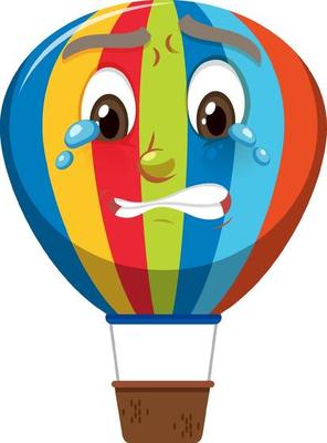 Hot air balloon cartoon character with crying face expression on white background