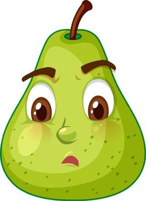 Green pear cartoon character with confused face expression on white background