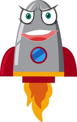 Rocketship cartoon with angry face on white background