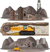 Escena de minería de carbón con diferentes tipos de camiones de construcción. vector