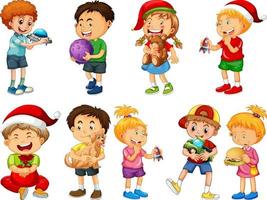 Set of different kid playing with their toys cartoon character isolated on white background vector