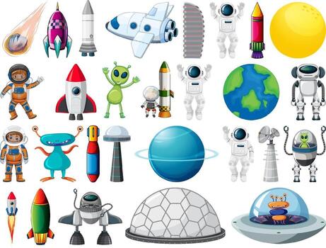 Set of space objects and elements isolated on white background vector