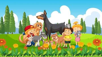 Park outdoor scene with many children and their pet vector