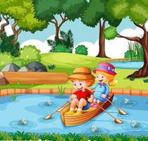 Boy and girl row the boat in the park vector