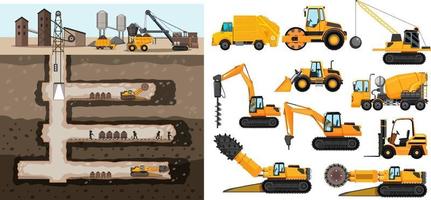 Escena de minería de carbón con diferentes tipos de camiones de construcción. vector