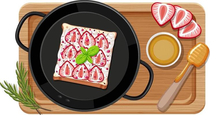 Breakfast set in the pan with cutting board