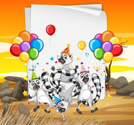 Raccoon group in party theme cartoon character on desert background