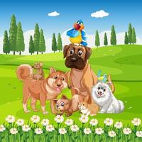 Group of pet in the park scene vector