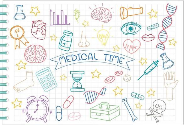 Set of medical science element doodle on notebook