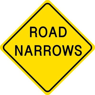 Road Narrows yellow sign on white background