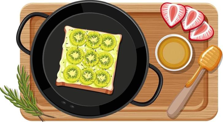 Breakfast set in the pan with cutting board