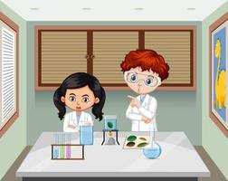 Two young scientist in the lab scene vector