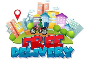 Free delivery font logo with delivery man in the city vector