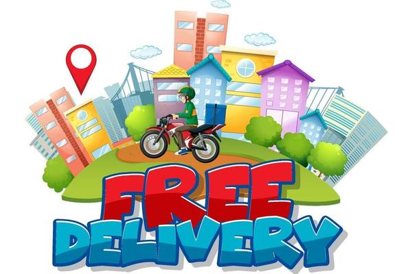 Free delivery font logo with delivery man in the city