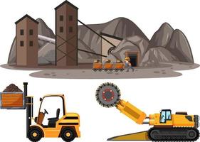 Escena de minería de carbón con diferentes tipos de camiones de construcción. vector