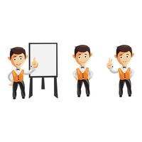 Set of cartoons of cute waiter in different poses vector