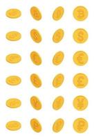 Vector isometric money. Bitcoin, dollar, euro, pound, yen and ruble symbols in 3D. Coins in four different views each.
