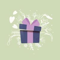 Gift box with hearts coming out and decoration. Colorful hand drawn illustration for Happy Valentines day. Greeting card with foliage and decorative elements. vector