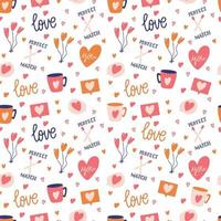 Seamless pattern with big collection of love objects and symbols for Happy Valentines day. Colorful flat illustration. vector