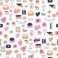 Seamless pattern with big collection of love objects and symbols for Happy Valentines day. Colorful flat illustration. vector