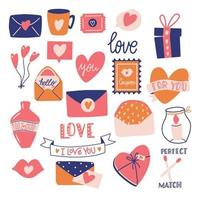 Big collection of love objects and symbols for Happy Valentines day. Colorful flat illustration. vector