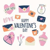gran colección de objetos de amor y símbolos para el feliz día de San Valentín. colorida ilustración plana. vector