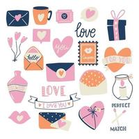 gran colección de objetos de amor y símbolos para el feliz día de San Valentín. colorida ilustración plana. vector