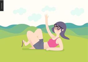 Waving girl on green landscape background vector