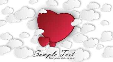 Happy Valentines Day background. Paper art, red love heart surrounded by clouds. Vector illustration of design