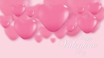 Pink Valentine's Day background, 3d hearts on bright backdrop. Vector illustration.