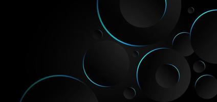 Abstract black and gray circles overlapping background blue neon border. vector