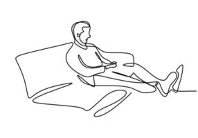 One continuous line drawing of young happy teenager man take a rest by lying down at sofa couch while relaxing his body. Enjoying time concept single line draw sign design vector illustration