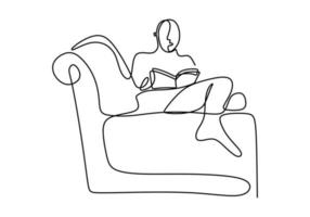 One continuous line drawing of young happy teenager man take a rest by lying down at sofa couch while reading the book. Enjoying time concept single line draw sign design vector