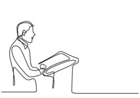 One continuous single line drawn character politics of business coach speaking. A politician giving a speech conveys his vision and mission. Speech concept with a man on podium. Vector illustration