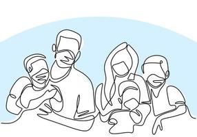 Continuous one line drawing of family wearing protective medical masks and staying at home during pandemic COVID-19. vector