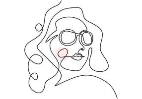 Continuous one line drawing of woman portrait classic style in sunglasses. vector