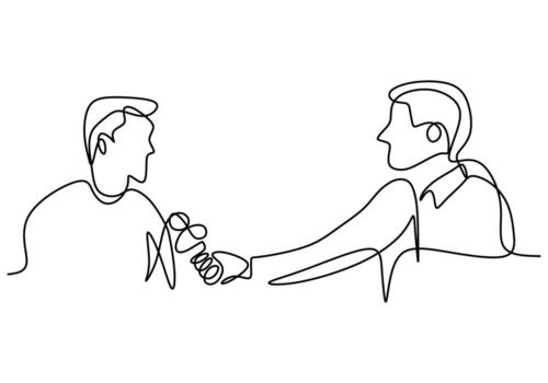 One continuous line drawing of a man holding a microphone in hand and asking a question to other man vector