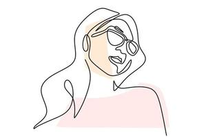 Continuous one line drawing of woman portrait classic style in sunglasses. vector