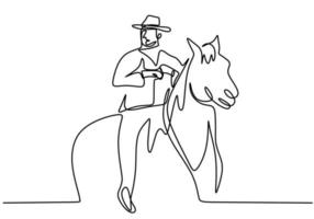una línea de dibujo continuo joven con un sombrero de vaquero a caballo. Los hombres mayores plantean elegancia a caballo concepto minimalista aislado sobre fondo blanco. diseño moderno de dibujo a mano vector