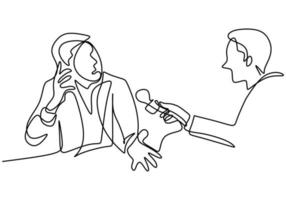 One continuous line drawing of a man holding a microphone in hand and asking a question to other man vector