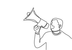 Continuous one line drawn a man talking into a loudspeaker. A male spoke excitedly while holding the megaphone. The concept of announcement, warning, oratory, eloquence, loud statement, publicity vector