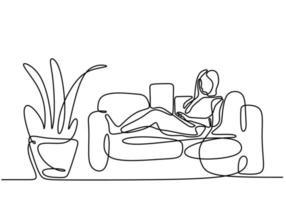 One continuous line drawing of a girl sitting on her sofa. vector