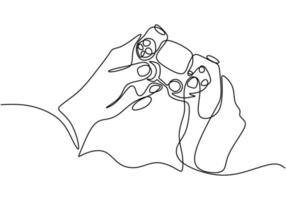 One continuous single line drawing of hands with joystick. vector