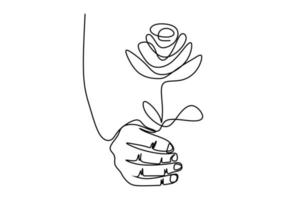 Continuous line drawing of hand holding beautiful rose flower minimalist style isolated on a white background. Awesome flower symbol of romantic love. Vector design illustration