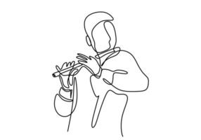 One continuous line drawing of a man playing the flute. The musician perform with bamboo flute isolated on white background. vector